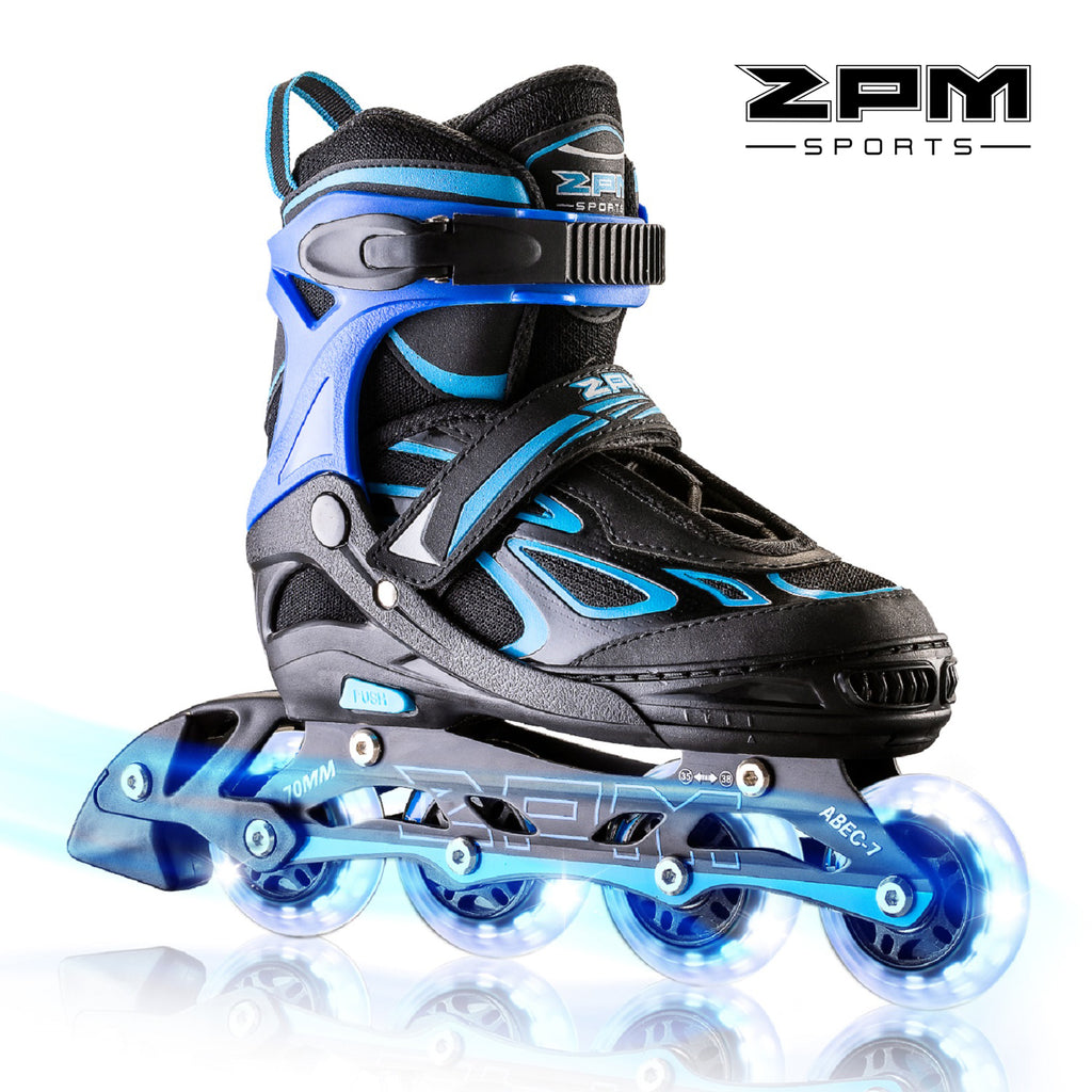 2pm Sports Vinal Boy's Blue Inline Skates, 8 Wheels Light up and 4 Size Adjustable, Fun Illuminating Roller Blades for Kids - Size Medium (1Y-4Y US)