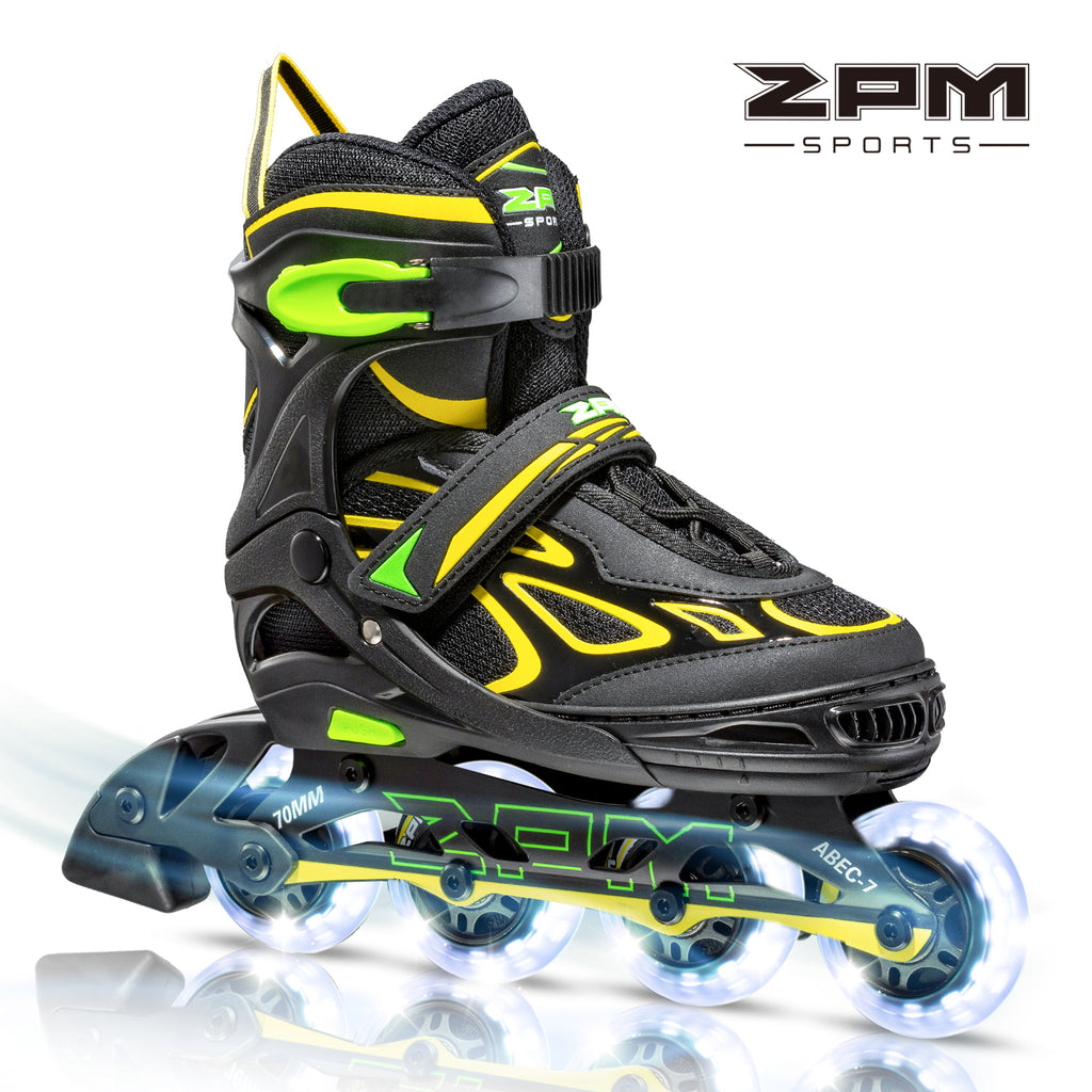 2pm Sports Vinal Boy's Yellow Inline Skates, 8 Wheels Light up and 4 Size Adjustable, Fun Illuminating Roller Blades for Kids - Size Large (4Y-7Y US)