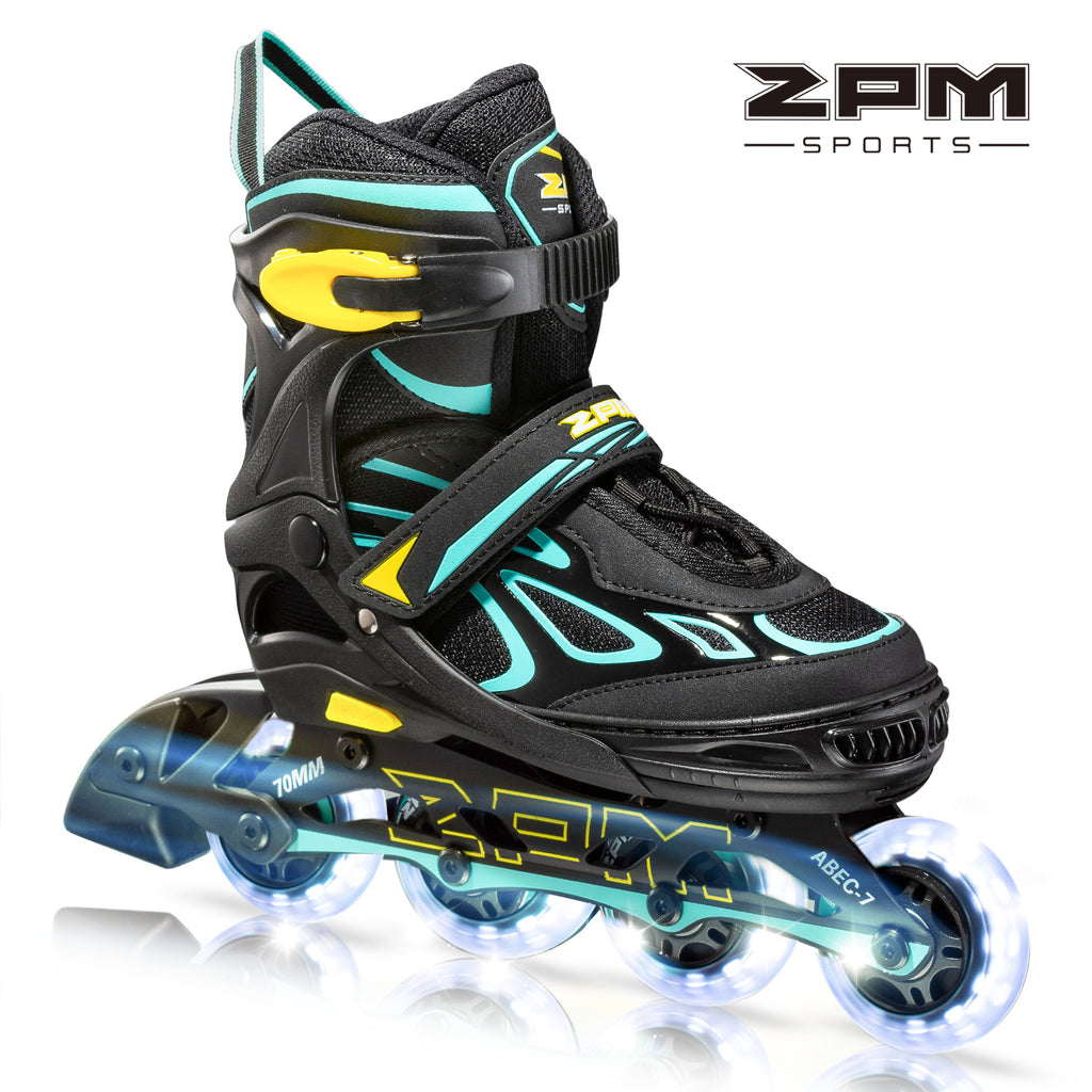 2pm Sports Vinal Kid's Cyan Inline Skates, 8 Wheels Light up and 4 Size Adjustable, Fun Illuminating Roller Blades for Boys and Girls - Size Large (4Y-7Y US)